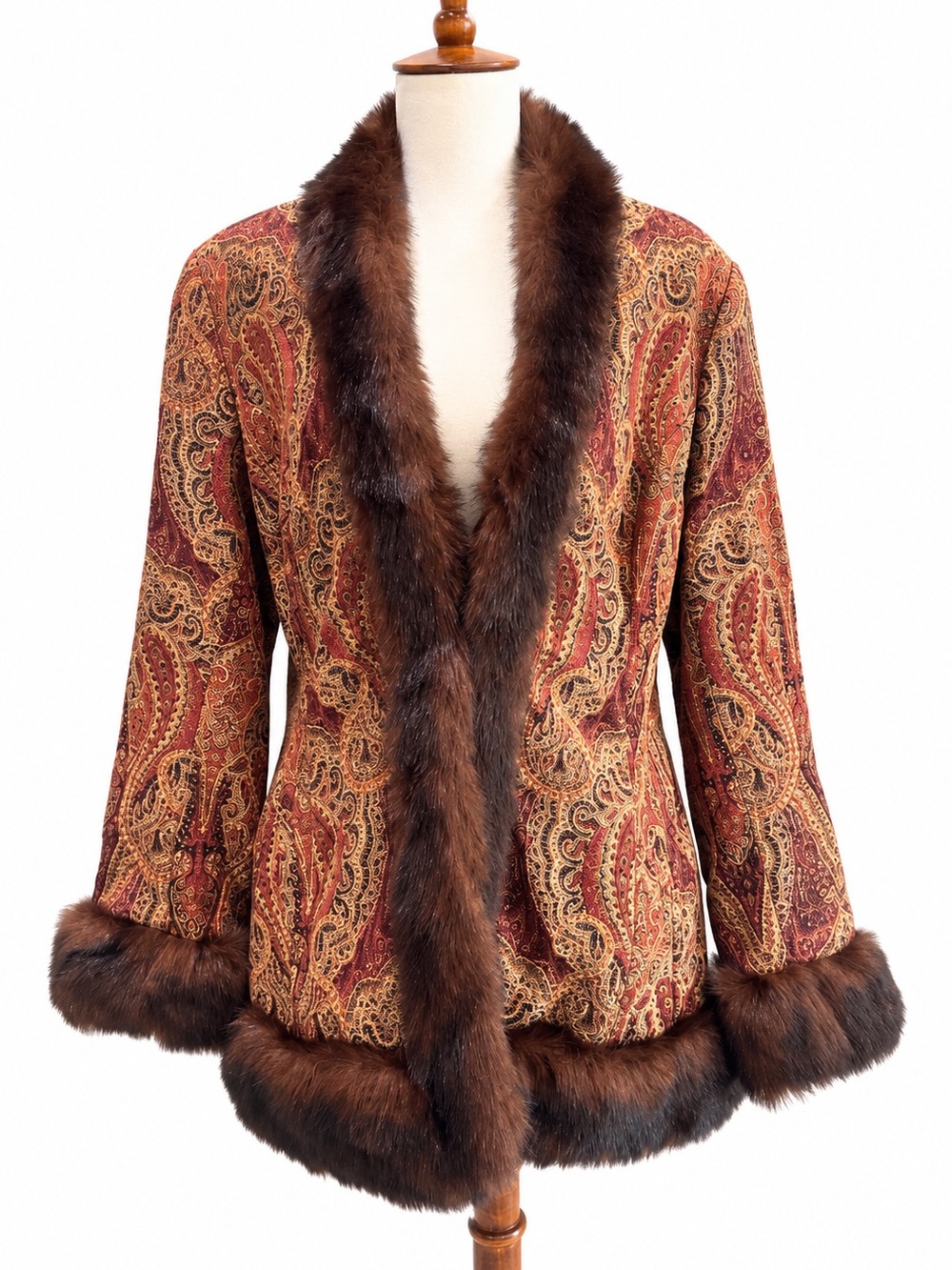 Newport News Vintage Paisley Faux-Fur Trim Jacket in Brown 12